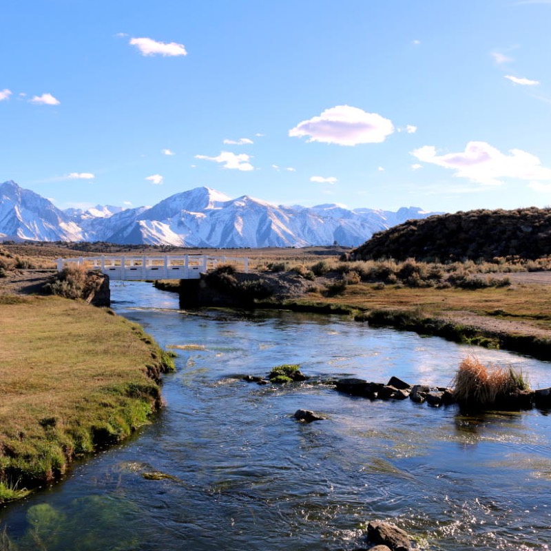 The Owens River winding through the valley beneath the Sierra