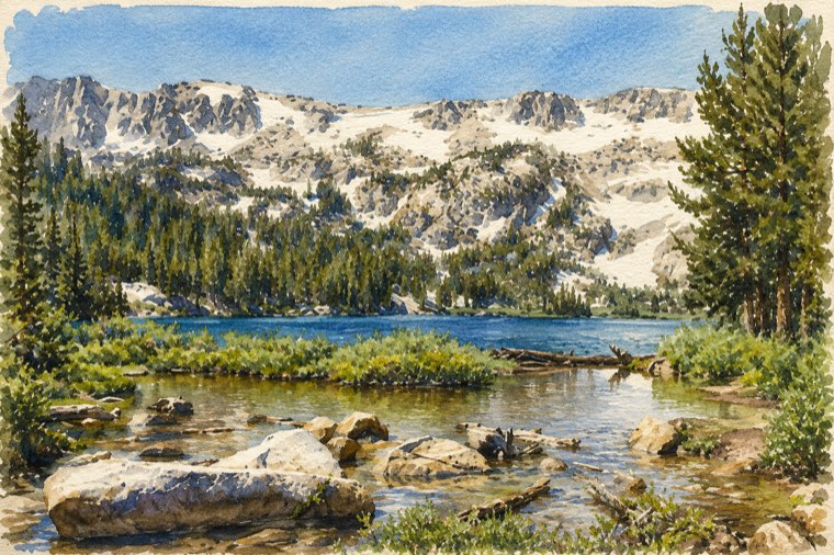 Watercolor of an alpine lake in the Lakes Basin