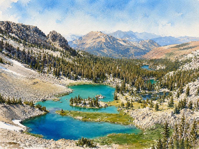 Watercolor of the Duck Pass lakes