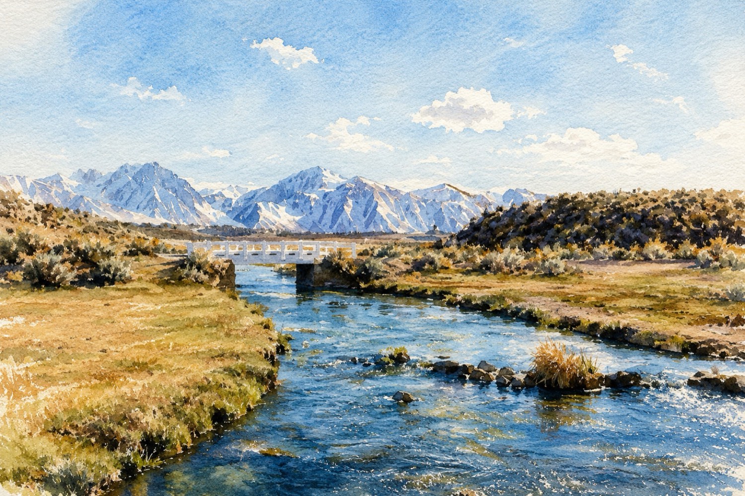 Watercolor: the Owens River winding toward the snowy Sierra