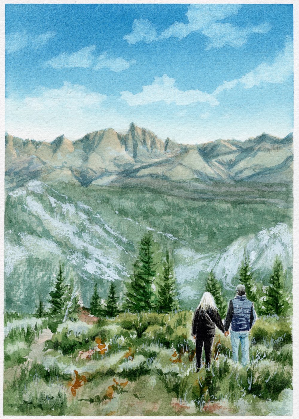 Watercolor: a couple holds hands in a mountain meadow, gazing toward jagged Sierra peaks