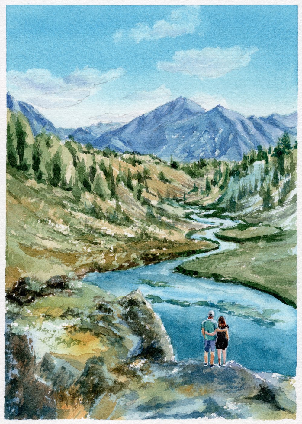 Watercolor: a couple stands on a rock above a winding alpine river, mountains beyond