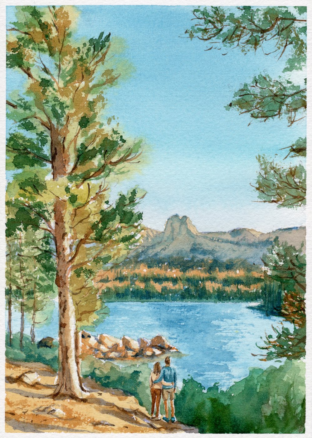 Watercolor: a couple beneath a tall pine looks across a lake to Crystal Crag