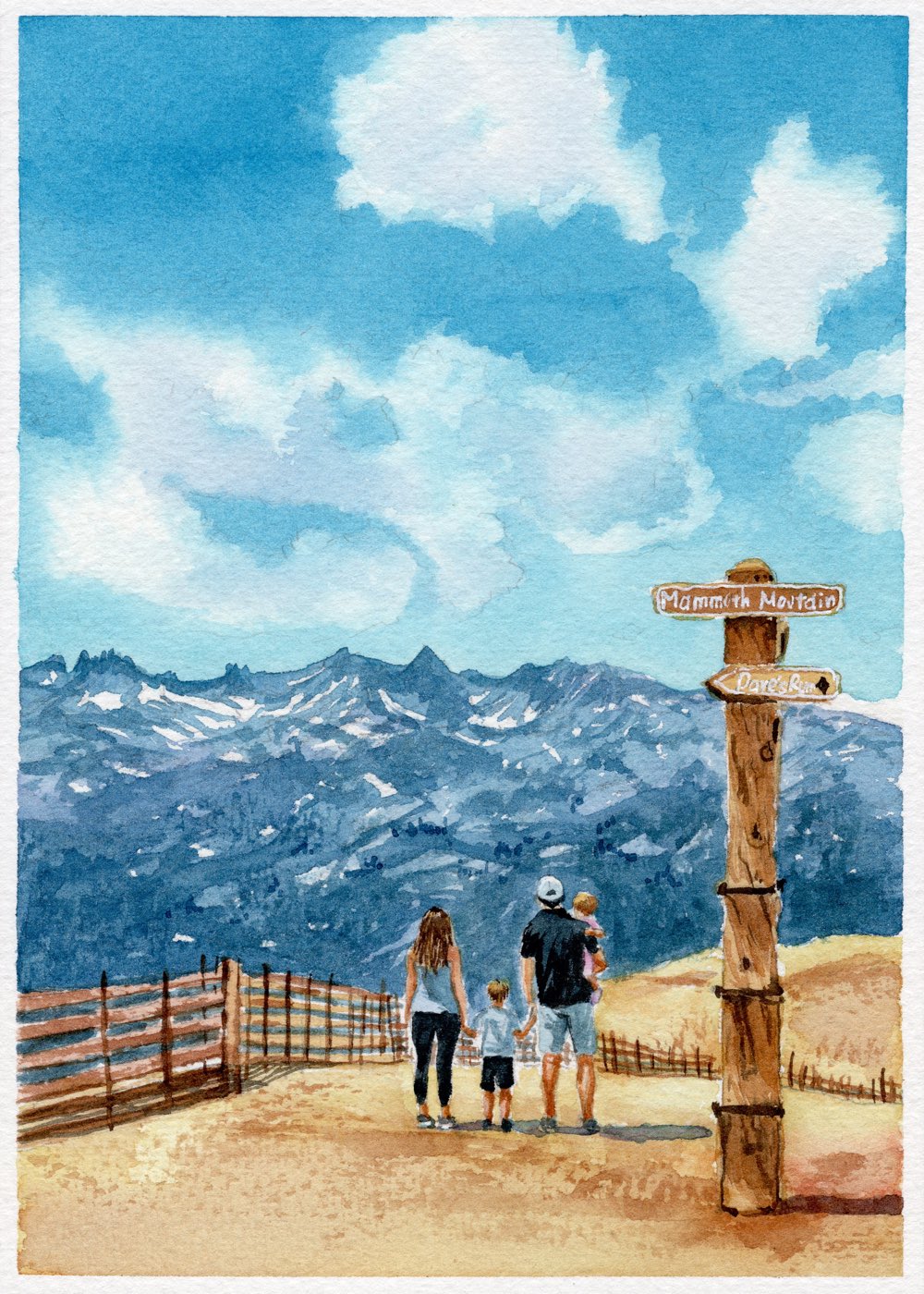Watercolor: a family of four stands at the Mammoth Mountain summit signpost before the Minarets