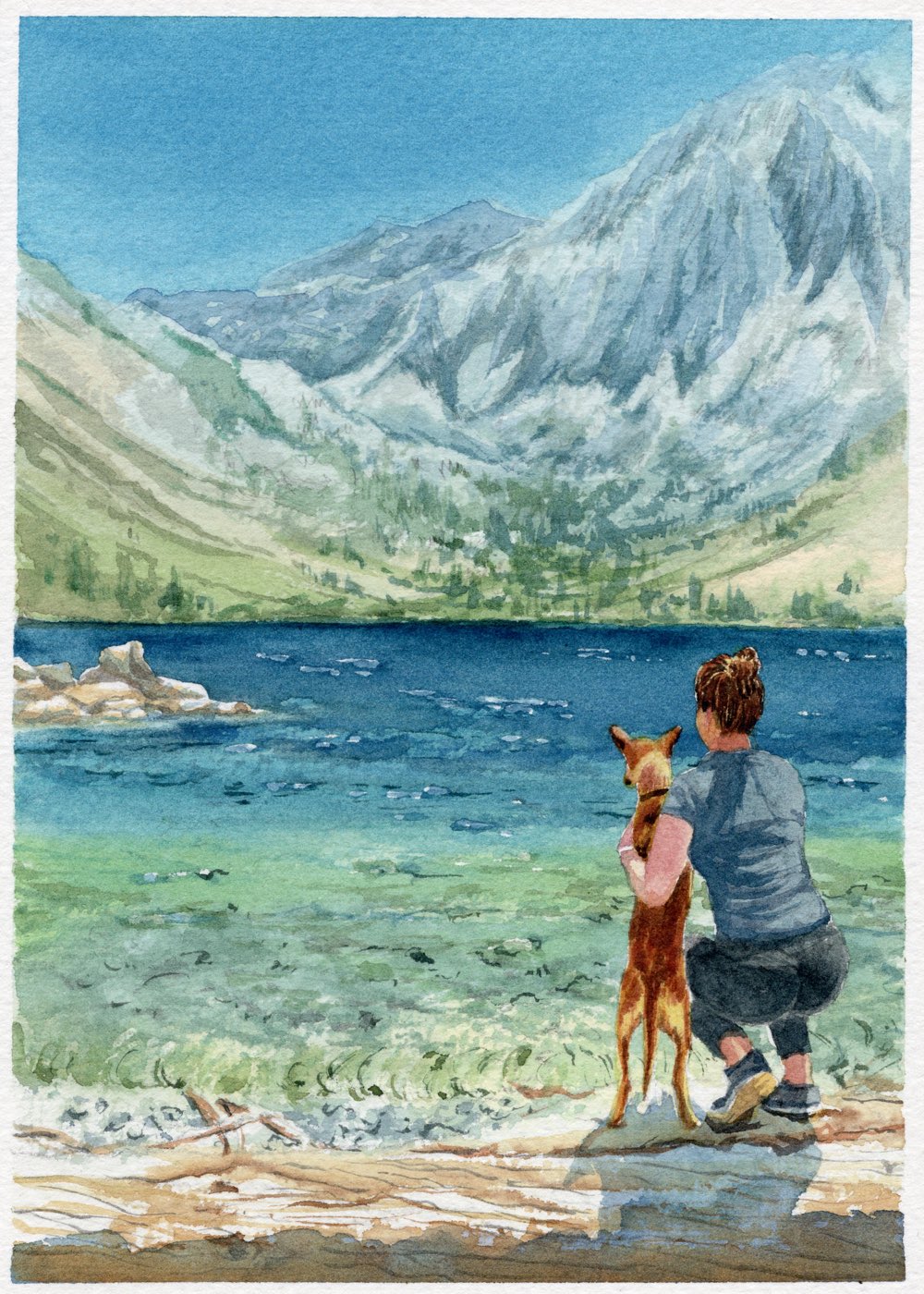 Watercolor: kneeling with a dog at the shore of Convict Lake beneath Laurel Mountain