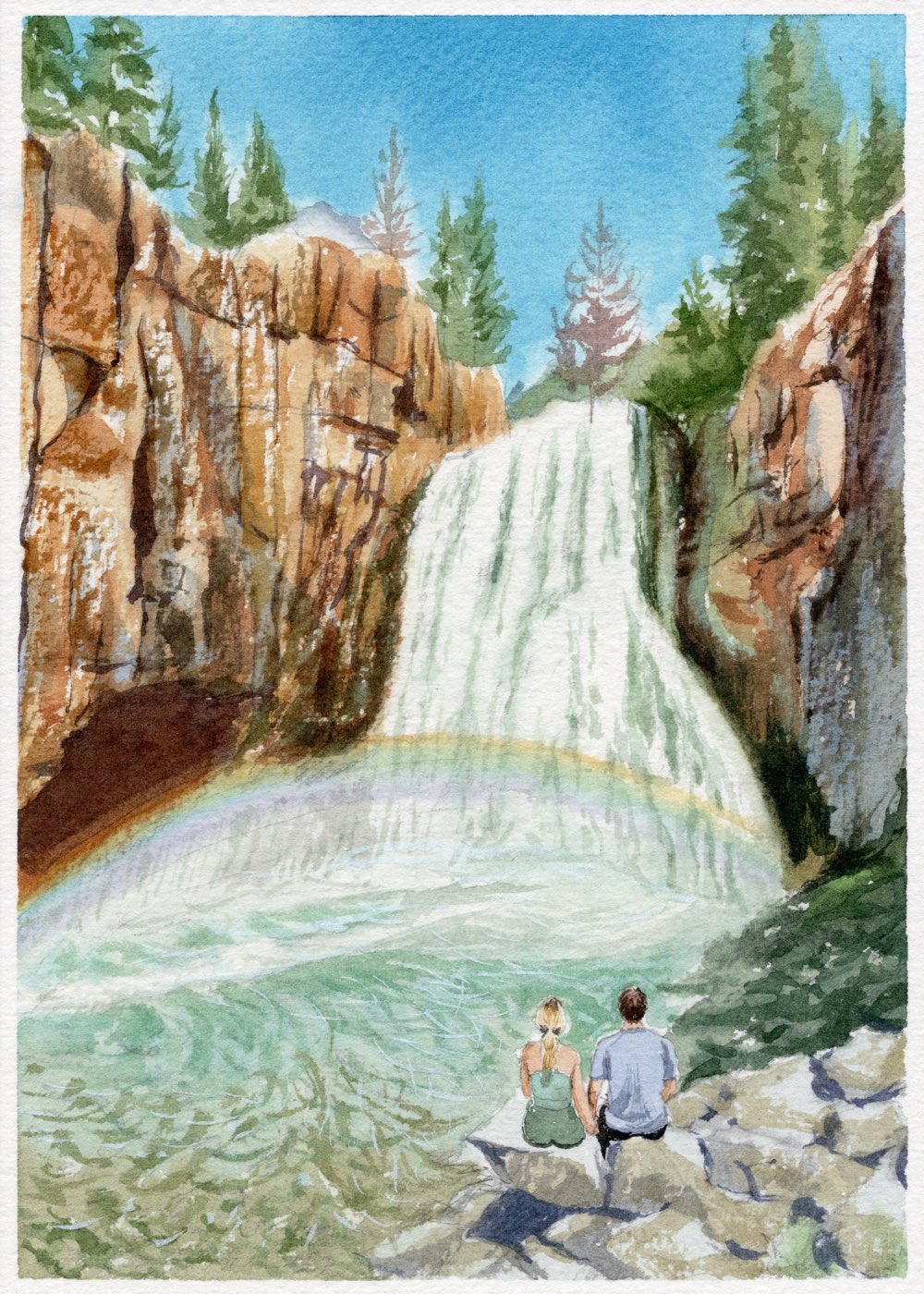 Watercolor: a couple sits on the rocks below Rainbow Falls, a rainbow in the mist