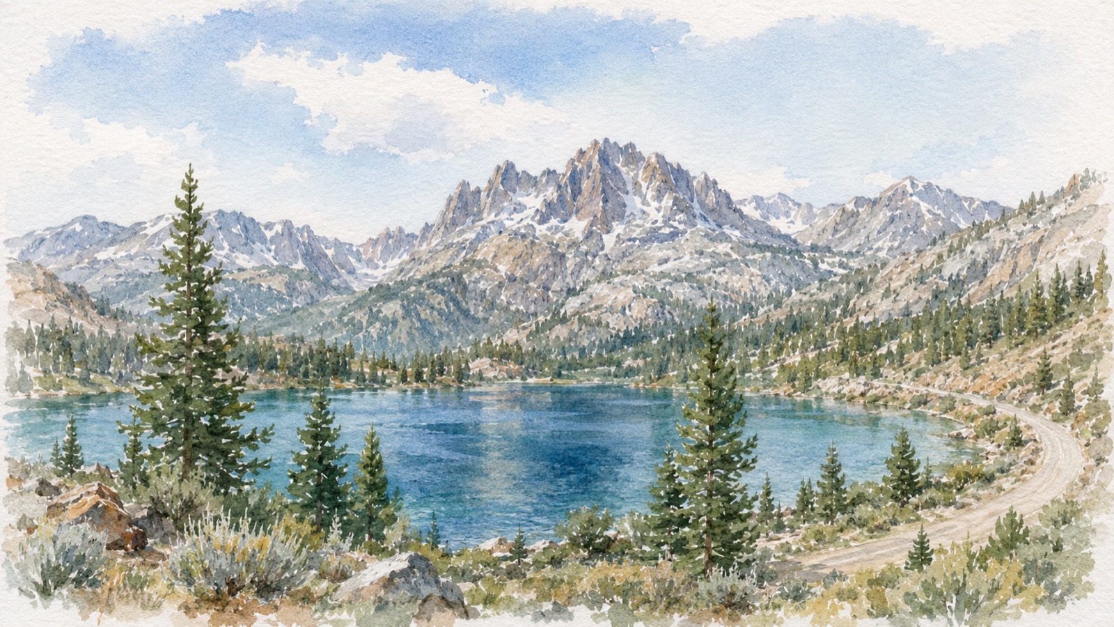 Watercolor: an alpine lake on the June Lake Loop beneath jagged peaks