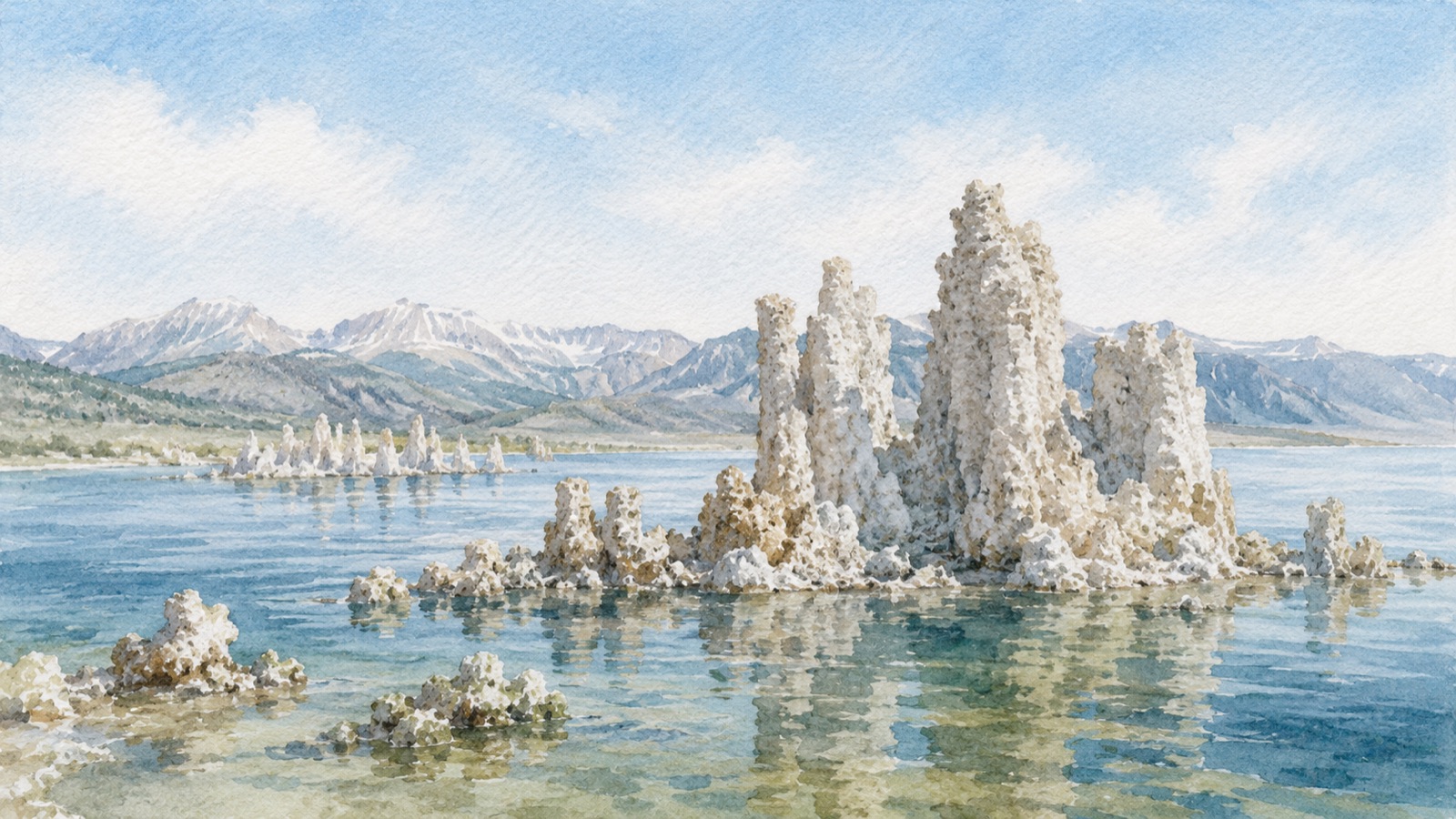 Watercolor: tufa towers rising from Mono Lake